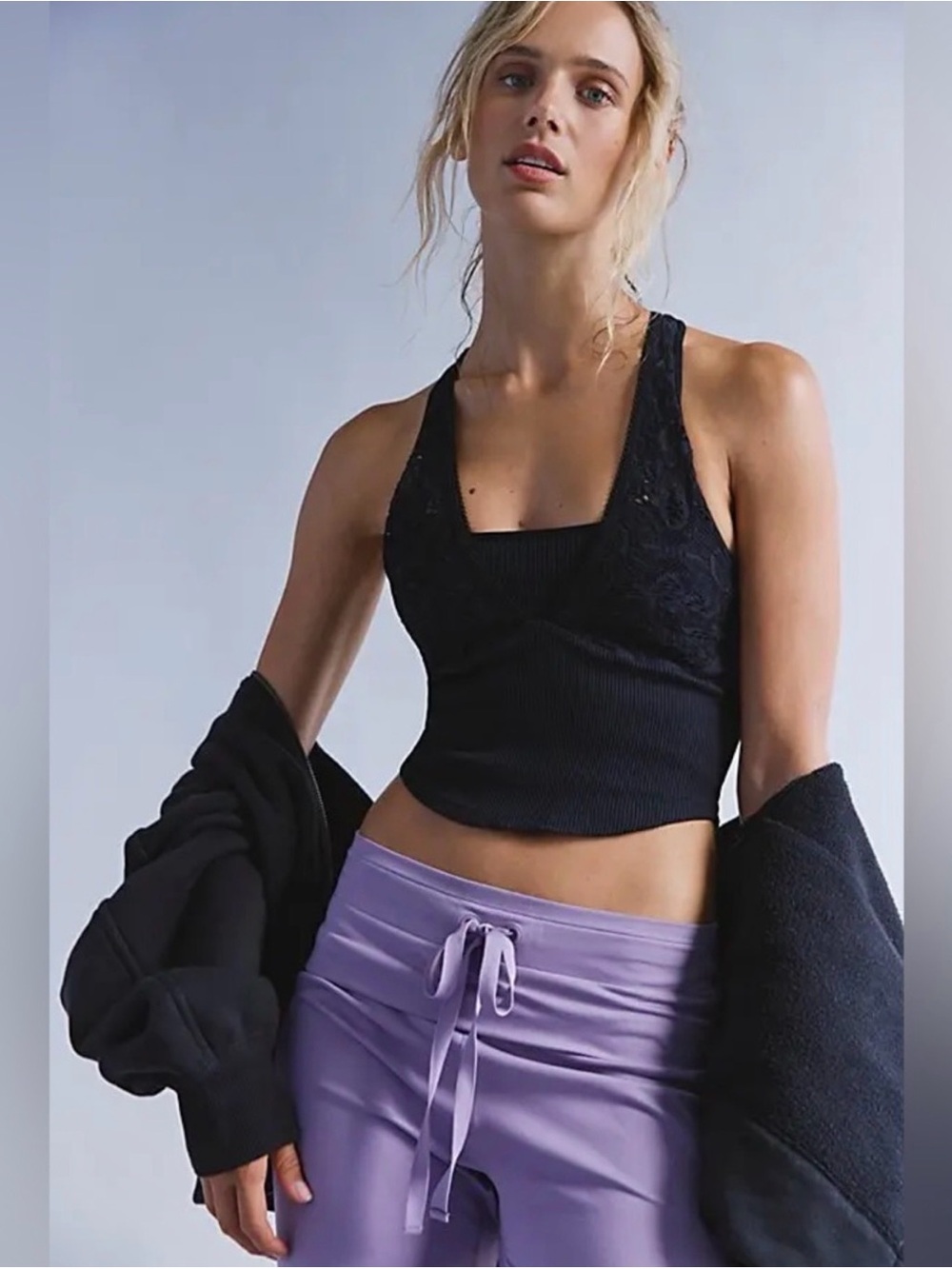 Free People| ‘Far Out’ Ribbed Lace Racerback Tank - Picture 2 of 6